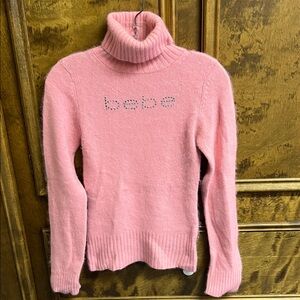bebe Pink Rhinestone Logo Turtleneck Sweater